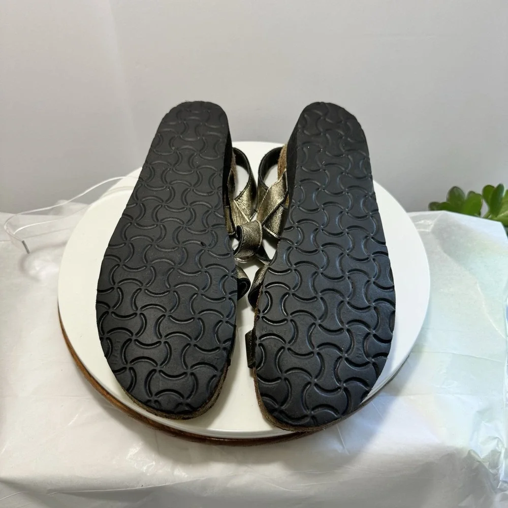 Naot Leather Strappy Boho Wedge Hook Loop‎ Cork Comfort Sandals 42 Gold Black